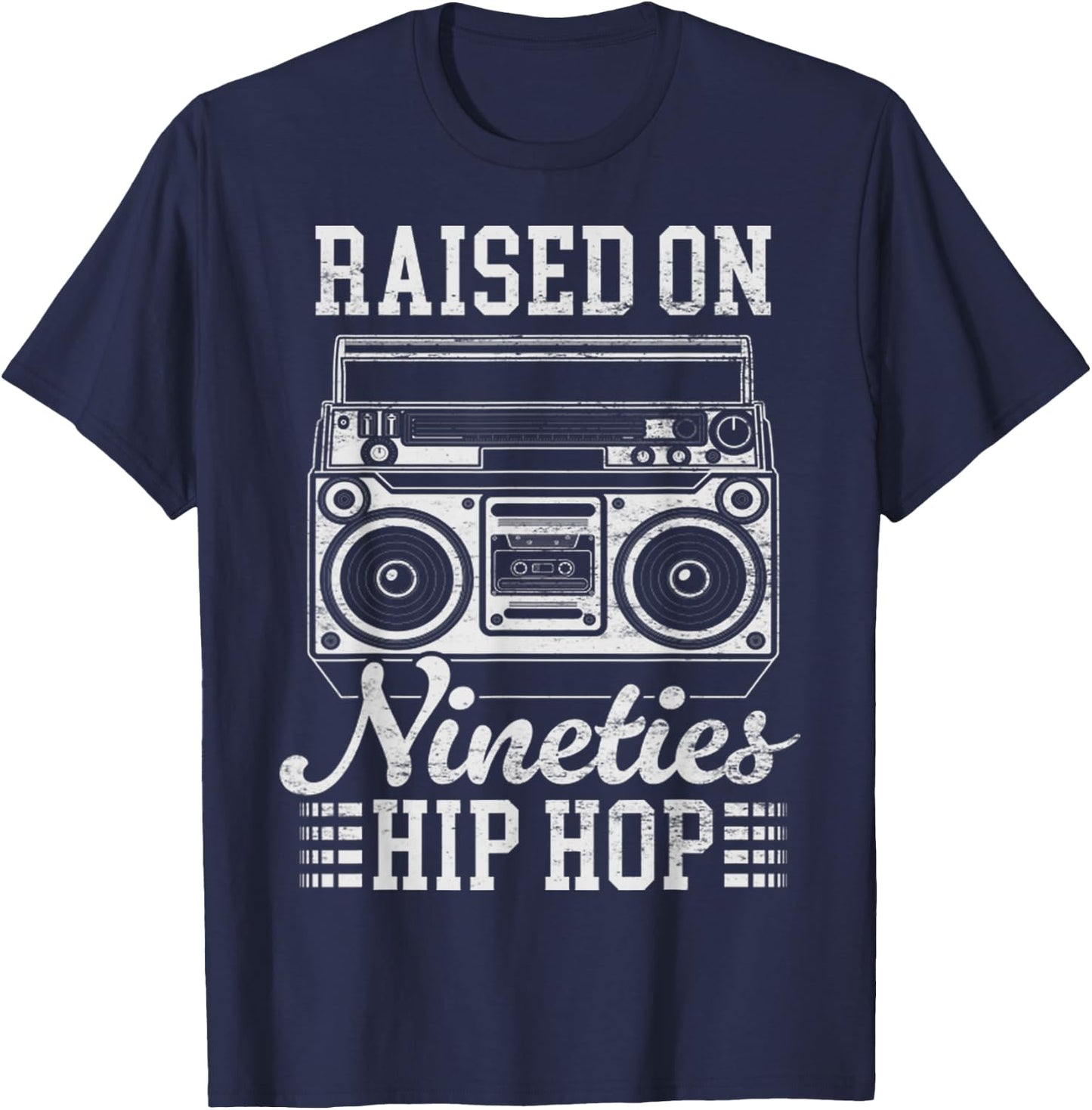 Raised On 90's Hip Hop Funny Vintage Boombox Cassette Tape T-Shirt - T-Shirt | Navy