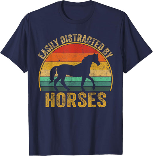 Easily Distracted By Horses Lover Horse Owner T-Shirt - T-Shirt | Navy