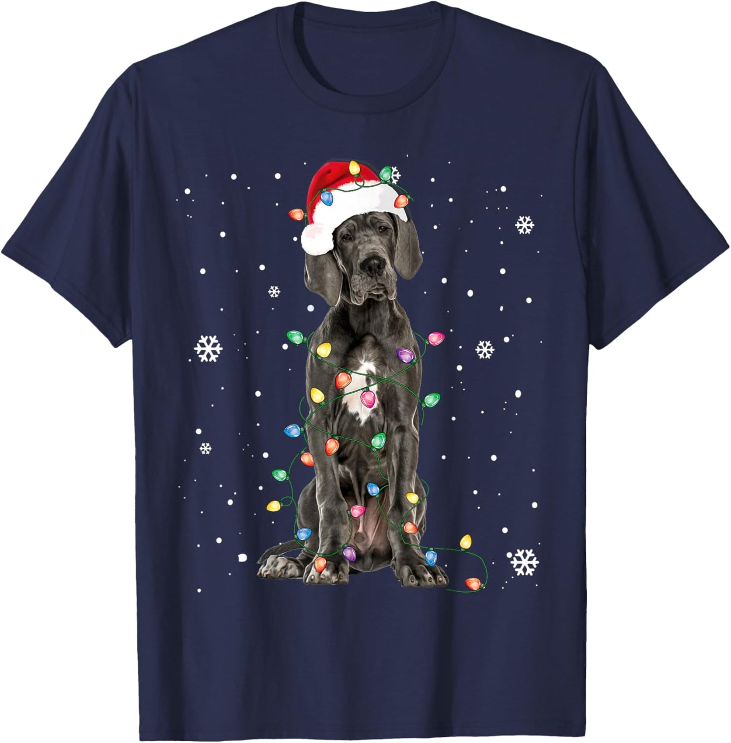 Great Dane Christmas Santa Hat Fairy Lights Pajama Dog Lover T-Shirt - T-Shirt | Navy
