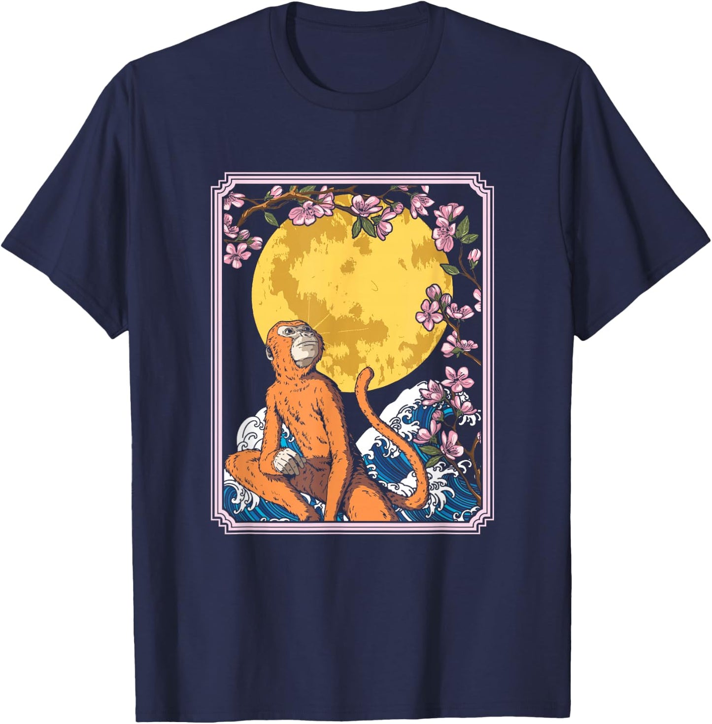 Japan Monkey Ape Animal - Primate Cherry Blossom Moon T-Shirt - T-Shirt | Navy