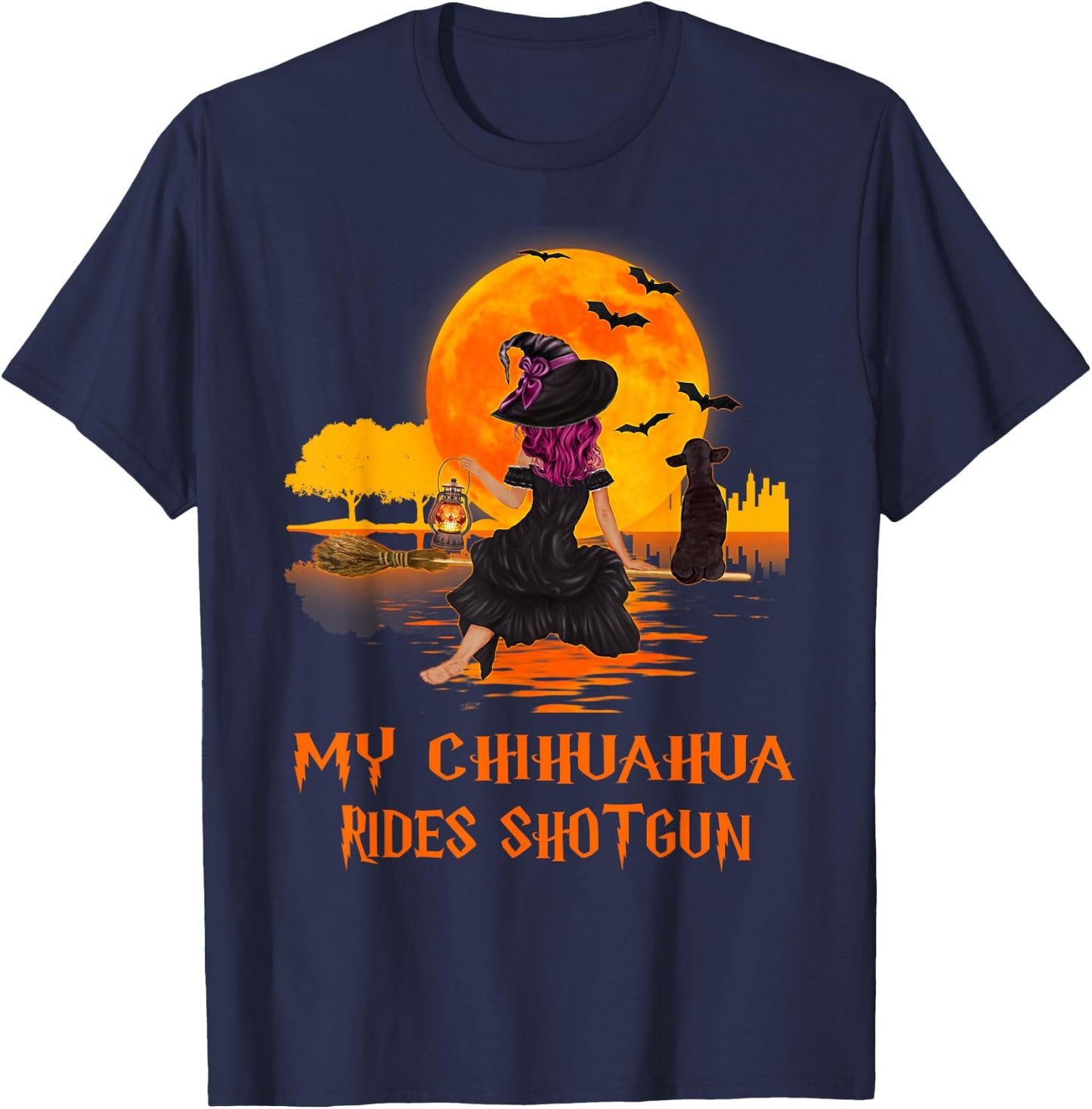 My Chihuahua Rides Shotgun Dog and Witch Funny Halloween Men Women Kids T-Shirt - T-Shirt | Navy