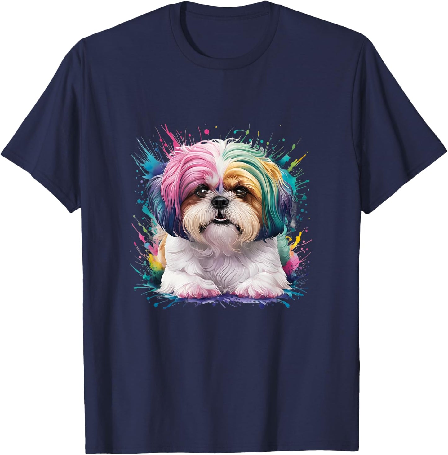 Men Woman Colorful Watercolor Shih Tzu T-Shirt - T-Shirt | Navy