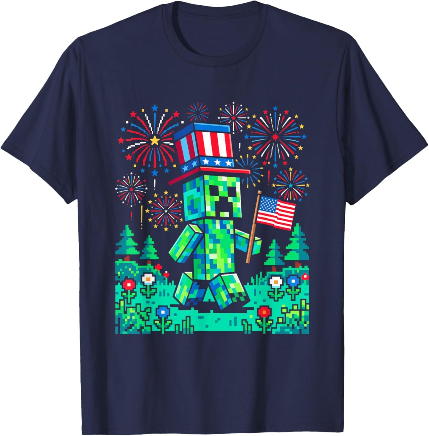US Flag 4th of July Gamer Pixel Gaming Patriotic Boys Kids T-Shirt - T-Shirt | Navy