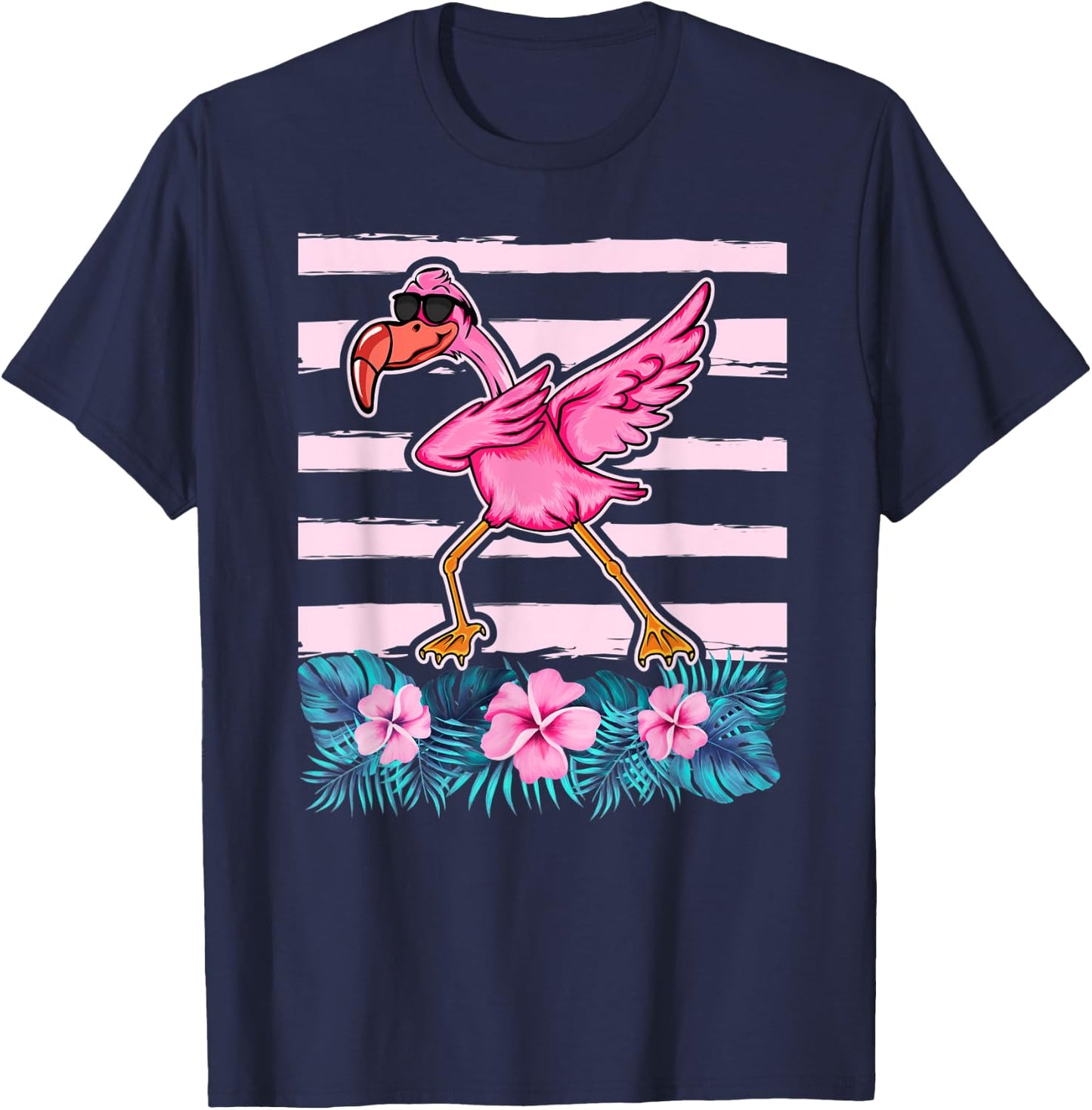 Flamingo Wearing Sunglass - Dabbing Flamingo Lover Floral T-Shirt - T-Shirt | Navy