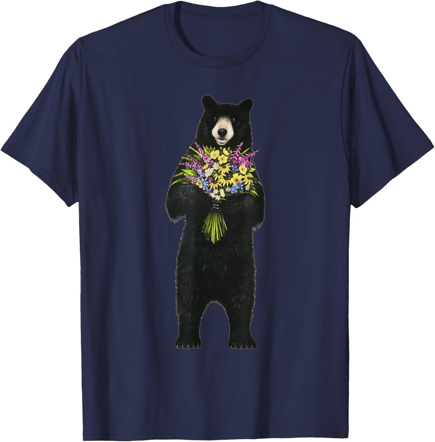 Black bear with a bouquet of wild flowers T-Shirt - T-Shirt | Navy