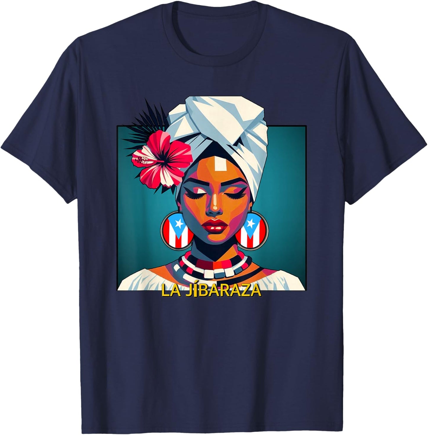 Jibaraza, Boricua Flag, Puerto Rican Jíbara Hibiscus Flower T-Shirt - T-Shirt | Navy