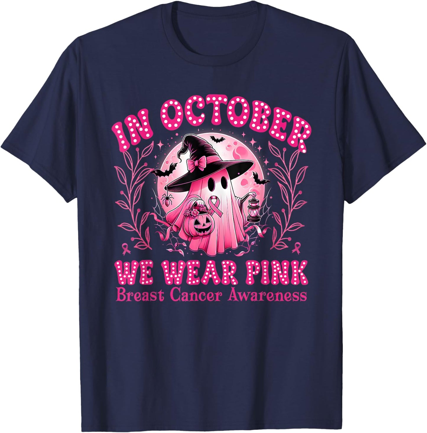 Breast Cancer Awareness In October We Wear Pink Ghost Witch T-Shirt - T-Shirt | Navy
