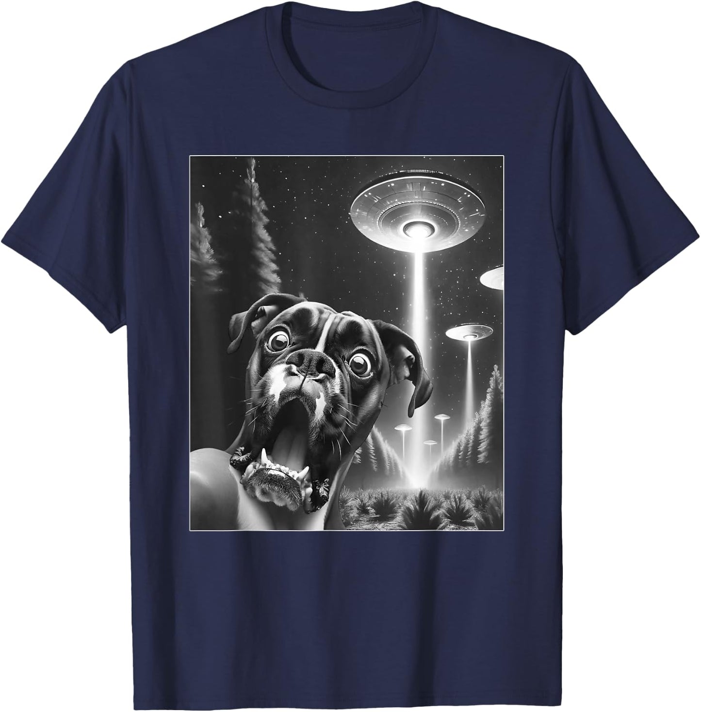 Funny Boxer Dog Alien UFO Taking a Selfie Dog Mom Dad Men Women Girls Kids T-Shirt - T-Shirt | Navy