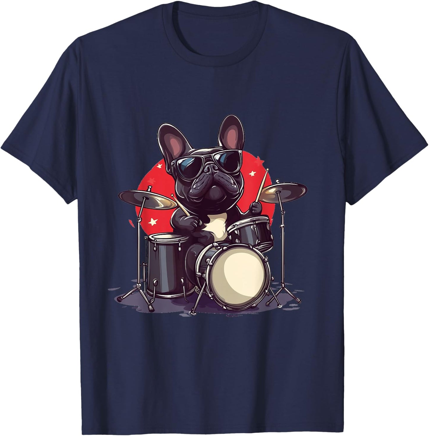 French Bulldog Playing The Drums Musician Dog Rock Band Dog T-Shirt - T-Shirt | Navy