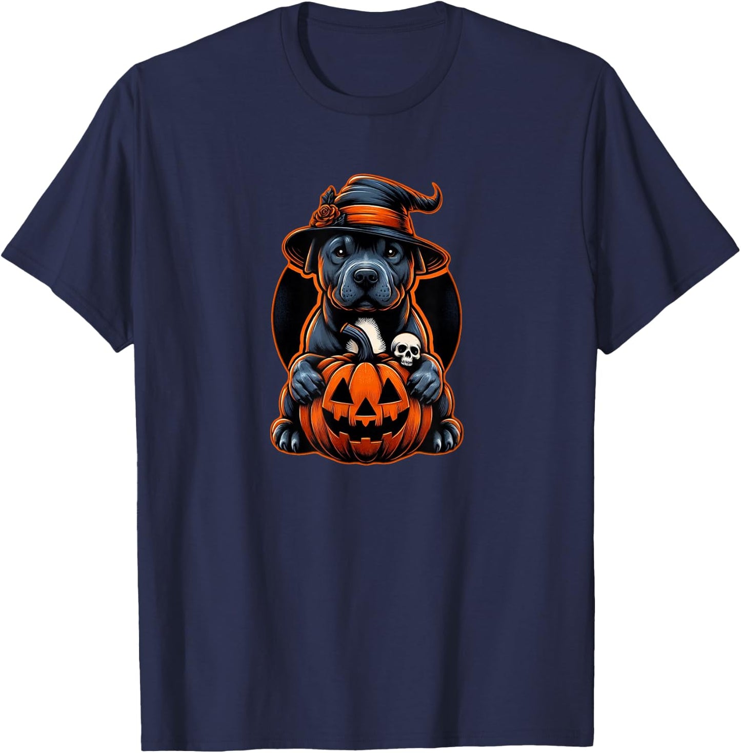 Pitbull Halloween - October Orange Dog T-Shirt - T-Shirt | Navy
