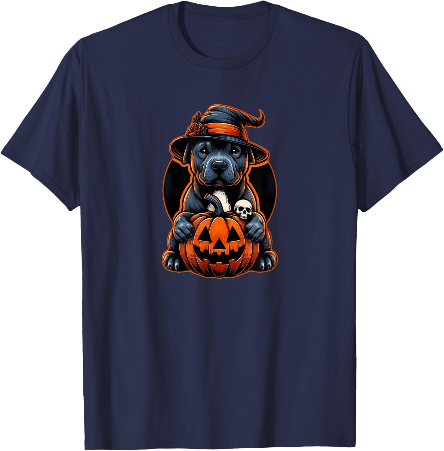 Pitbull Halloween - October Orange Dog T-Shirt - T-Shirt | Navy