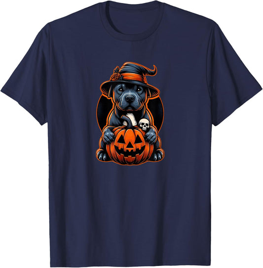 Pitbull Halloween - October Orange Dog T-Shirt - T-Shirt | Navy