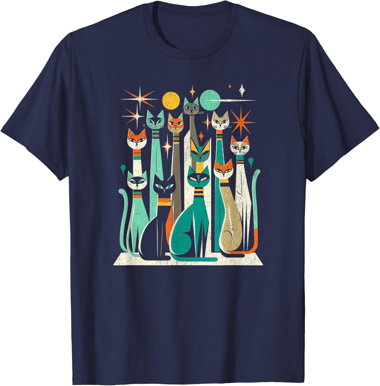Vintage Retro Mid-Century Long Neck Cats 50s 60s Style T-Shirt - T-Shirt | Navy