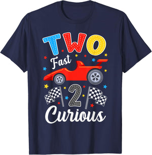 Two Fast 2 Curious Racing 2nd Birthday Boy Girl T-Shirt - T-Shirt | Navy