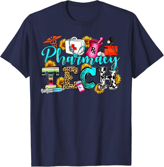 Retro Leopard Pharmacy Tech Pharmacist Certified Pharm Tech T-Shirt - T-Shirt | Navy