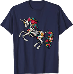 Floral Skeleton Unicorn Mexican Dia De Los Muertos Halloween T-Shirt - T-Shirt | Navy