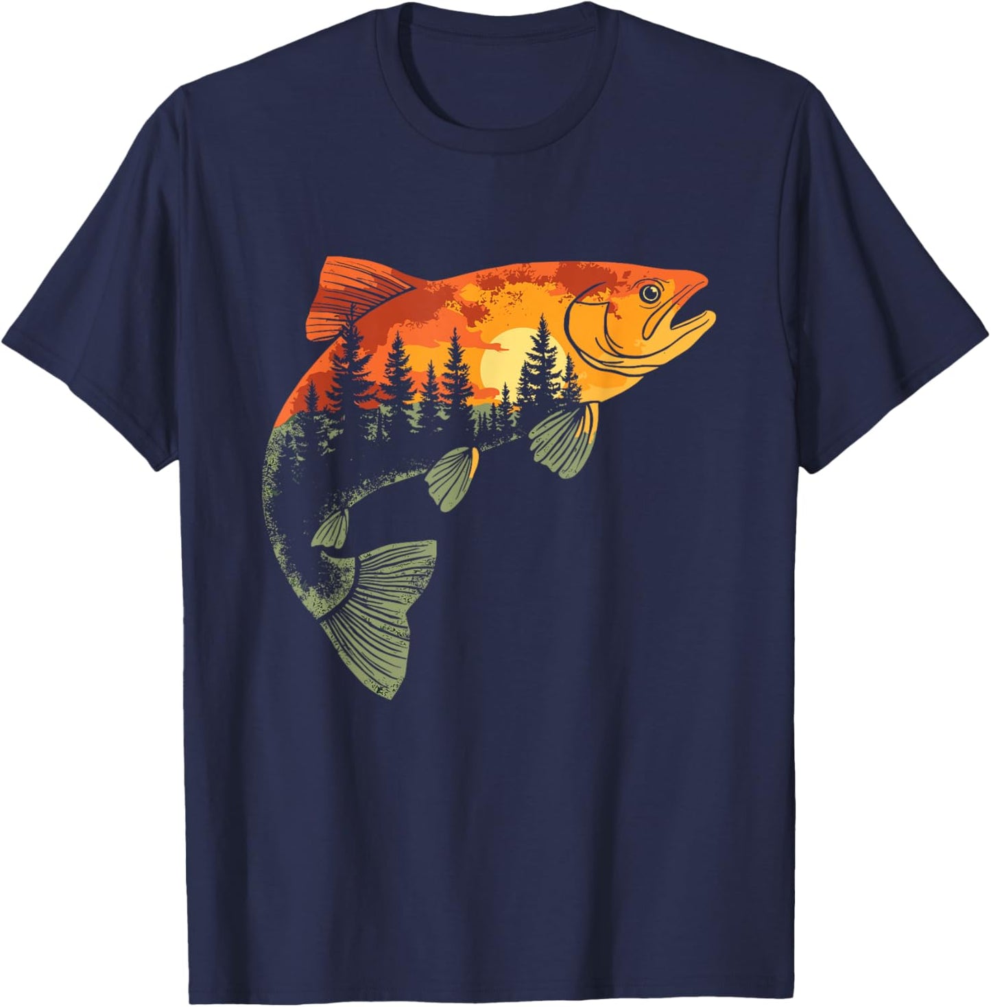 Fishing, Trout, Fly Fishing, Angler Fisherman, Nature Forest T-Shirt - T-Shirt | Navy