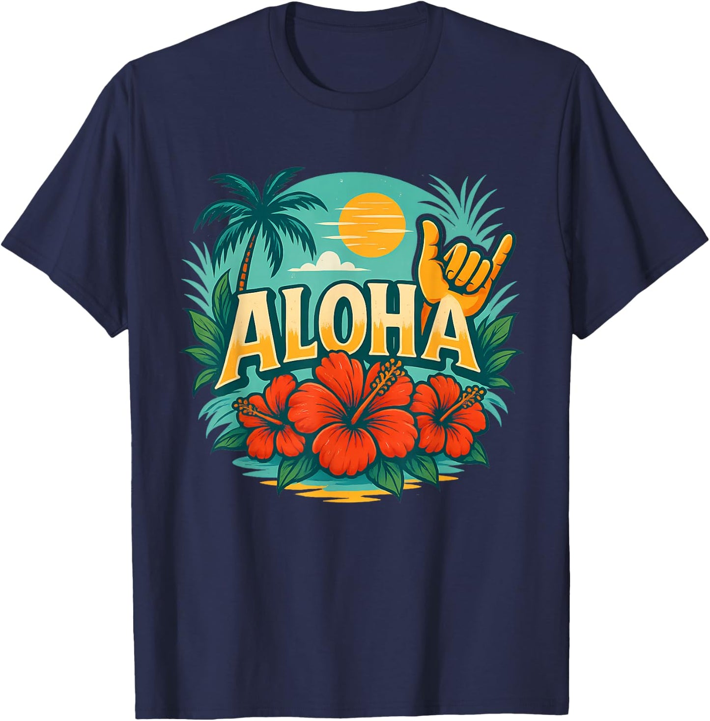 Cute Aloha Hawaiian Summer Vacation Hibiscus Shaka Girl Kids T-Shirt - T-Shirt | Navy