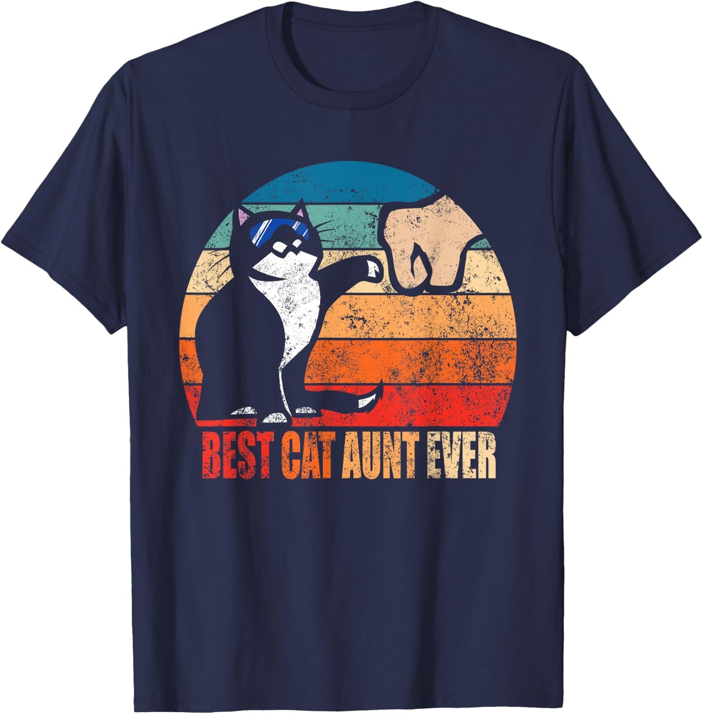 Best Cat Aunt Ever with Funny Fist Bump Retro T-Shirt - T-Shirt | Navy