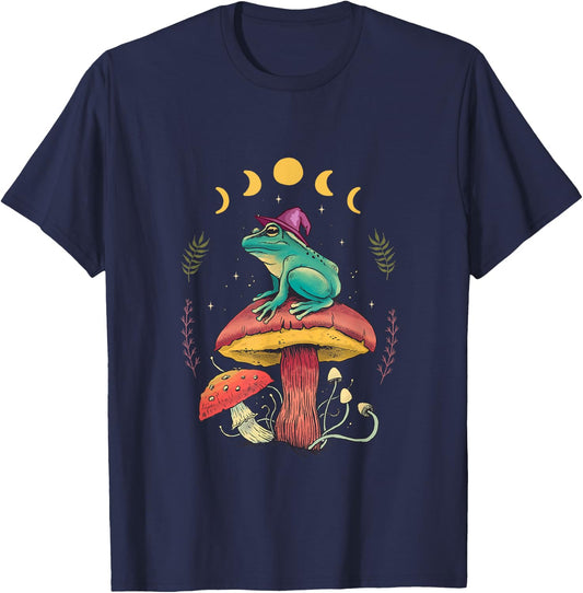 Cottagecore Aesthetic Goblincore Frog Wizard on Mushroom T-Shirt - T-Shirt | Navy