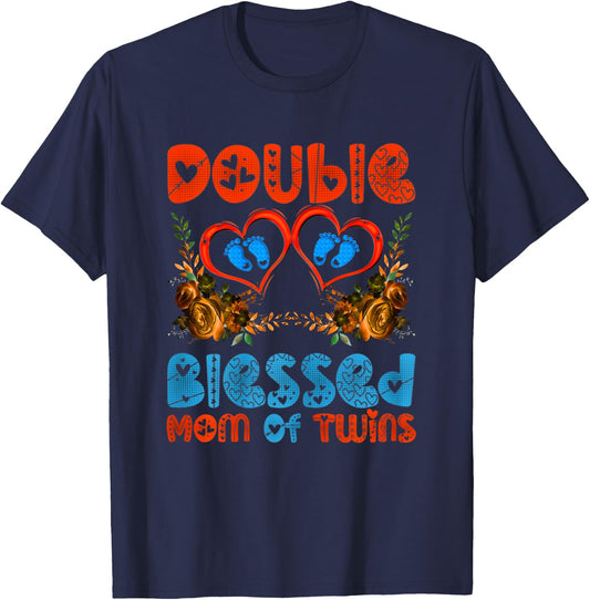 New Mom Of Twins Shirt Mother Announcement Gifts T-Shirt - T-Shirt | Navy