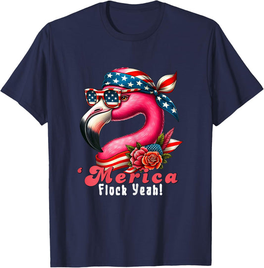 Merica Flock Yeah Patriotic Flamingo 4th of July Usa Flag Women T-Shirt - T-Shirt | Navy