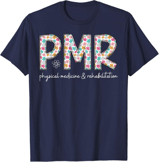 Boho Retro Flowers Physical Medicine and Rehabilitation PMR T-Shirt - T-Shirt | Navy