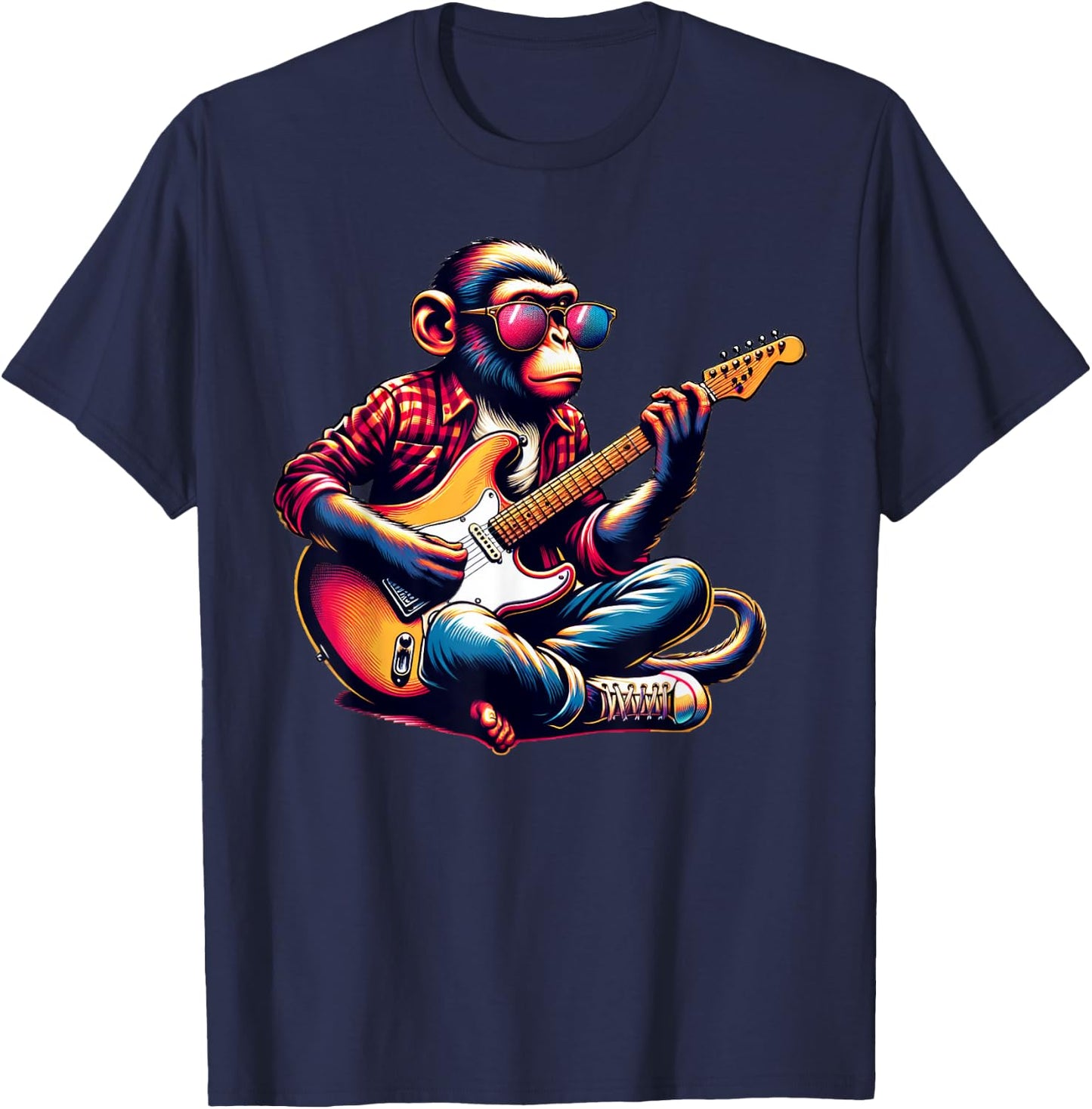 Monkey Wearing Sunglasses Playing Guitar Musician Music T-Shirt - T-Shirt | Navy