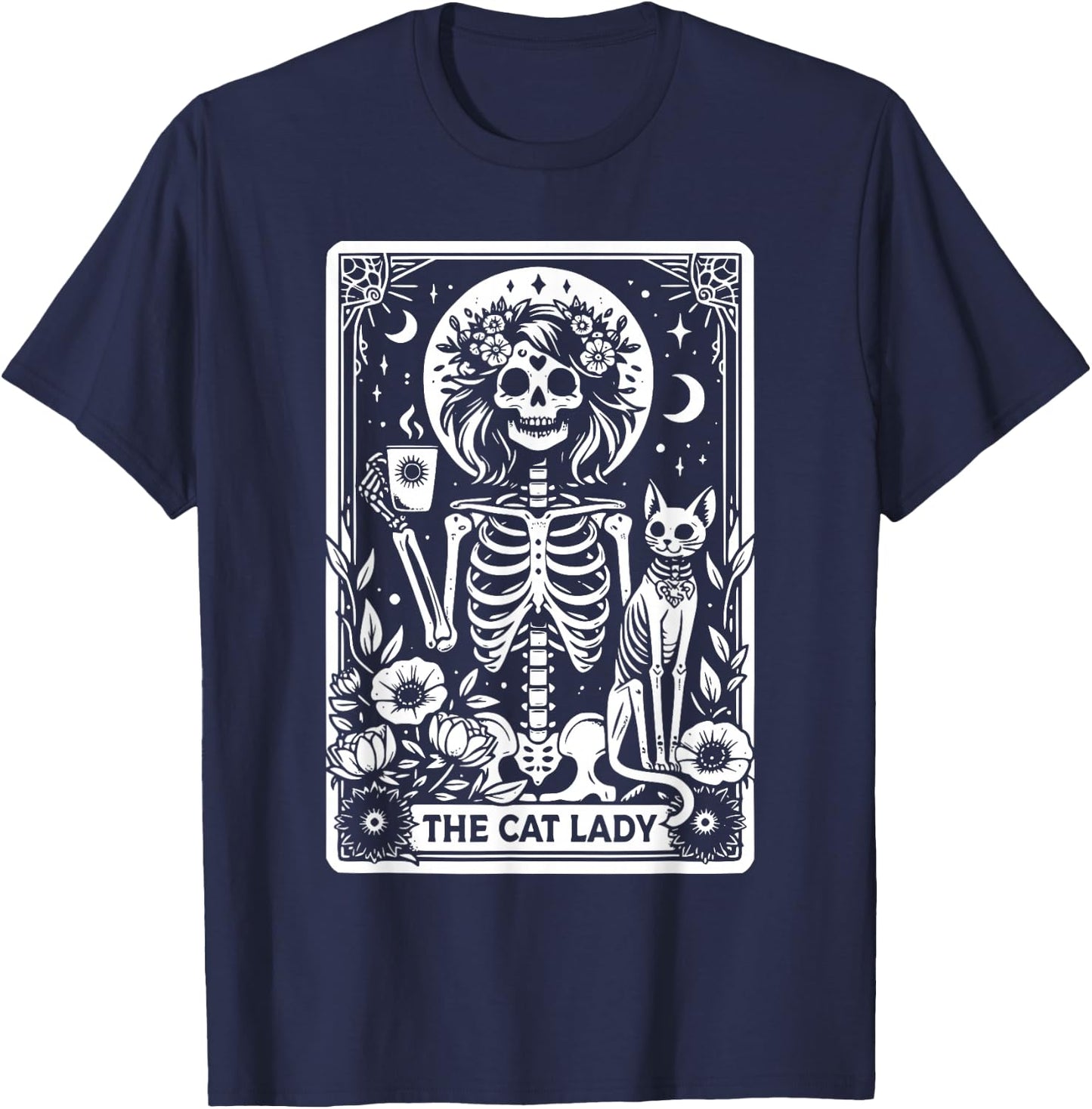 The Cat Lady Tarot Cards Skeleton Coffee Cat Tarot Card T-Shirt - T-Shirt | Navy