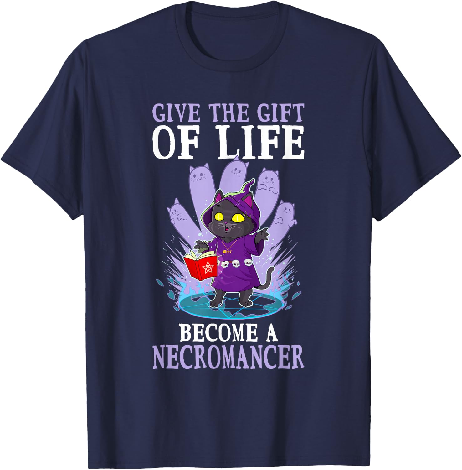 Funny D20 Cat Give The Gift Of Life Necromancer Nerdy Gamer T-Shirt - T-Shirt | Navy