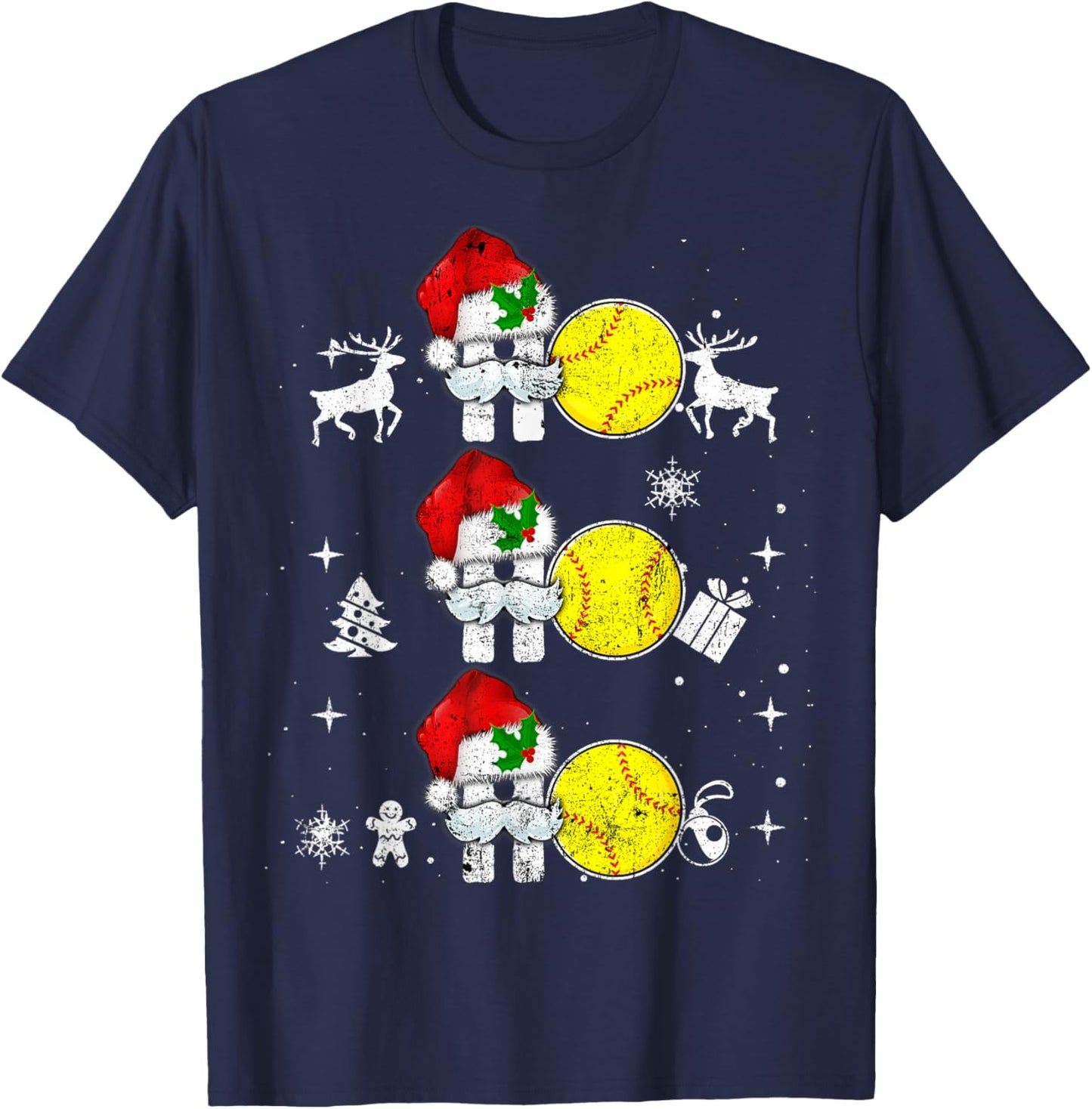 Christmas Softball Ho Ho Funny Xmas Sport Reindeer Santa Hat T-Shirt - T-Shirt | Navy