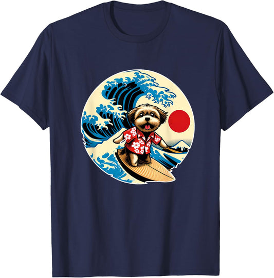 Great Wave Kanagawa Morkie dog Surfing Women Kids T-Shirt - T-Shirt | Navy