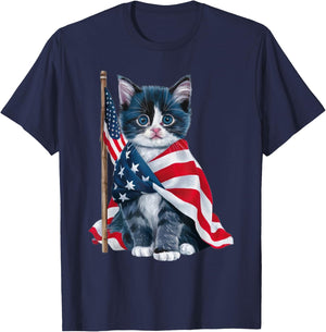 Patriotic Black Cat Shirt 4th of July Women Men Kids T-Shirt - T-Shirt | Navy