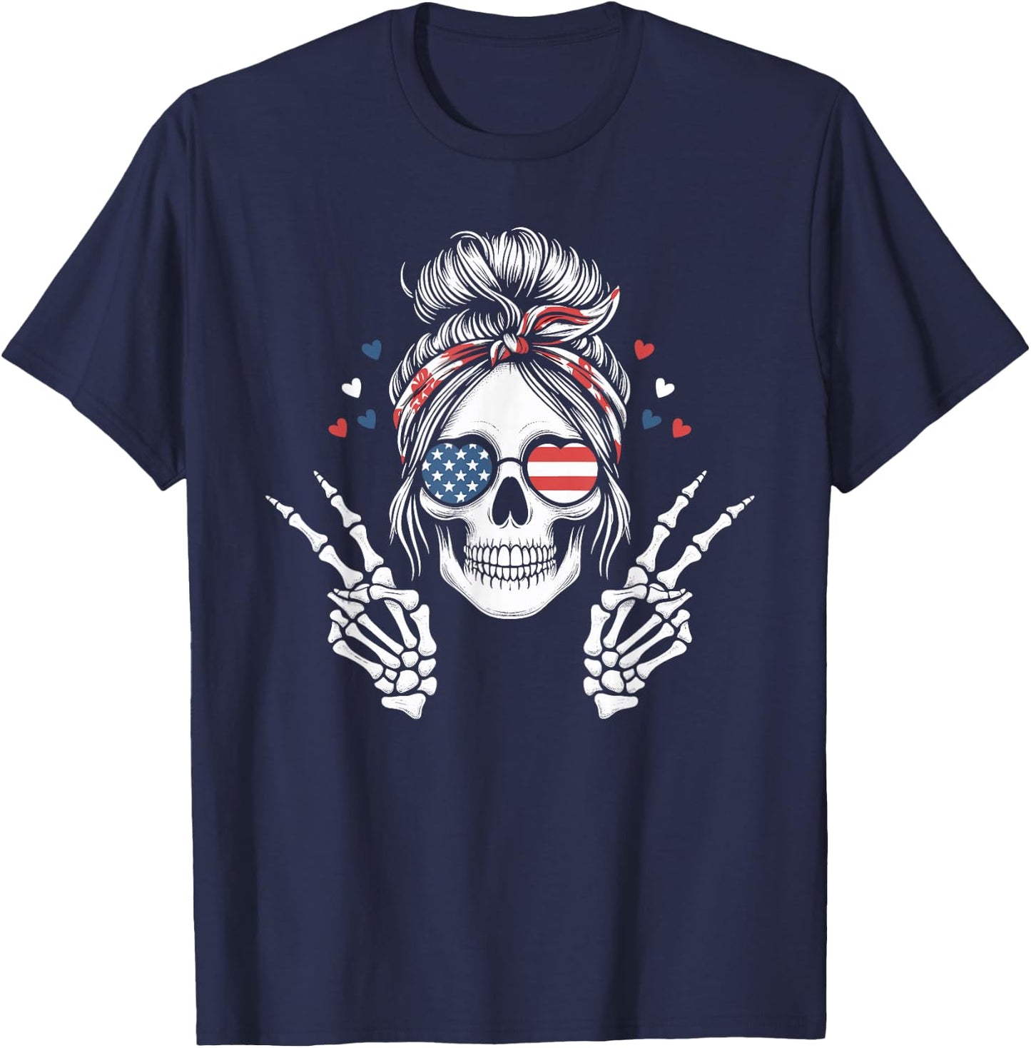 Patriotic American Flag Skull Messy Bun Peace USA 4th July T-Shirt - T-Shirt | Navy