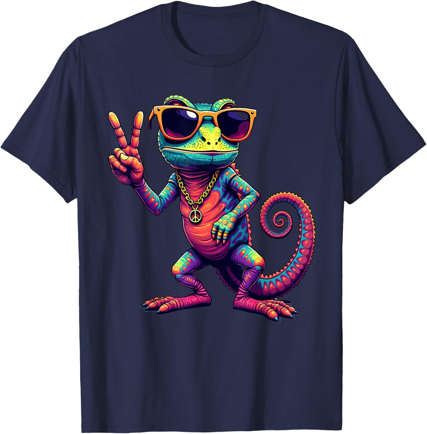 Groovy Peace Chameleon,, Funny Vintage Chameleon T-Shirt - T-Shirt | Navy