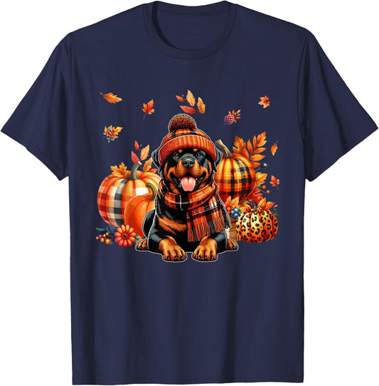 Rottweiler Thanksgiving Leopard Pumpkins Fall Leaves Lover T-Shirt - T-Shirt | Navy