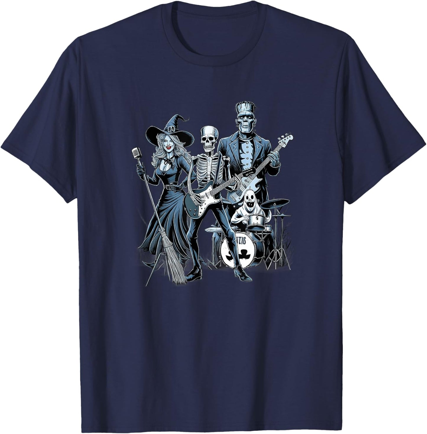 Rock Band Halloween Witch Skeleton Frankenstein Ghost T-Shirt - T-Shirt | Navy