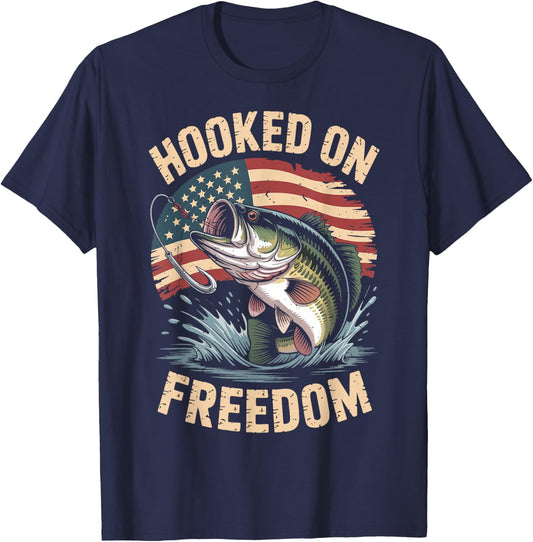 Youth Boy Hooked On Freedom Fishing 4th July Men Patriotic T-Shirt - T-Shirt | Navy