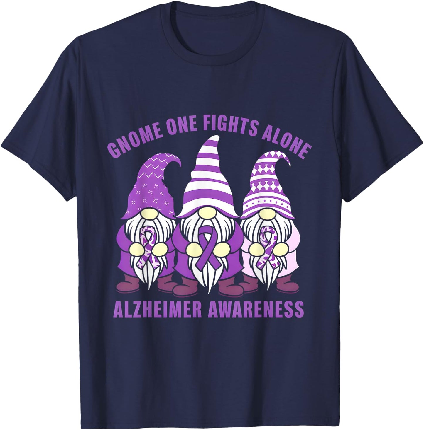 Gnome One Fights Alone Alzheimer Awareness Purple Ribbon T-Shirt - T-Shirt | Navy