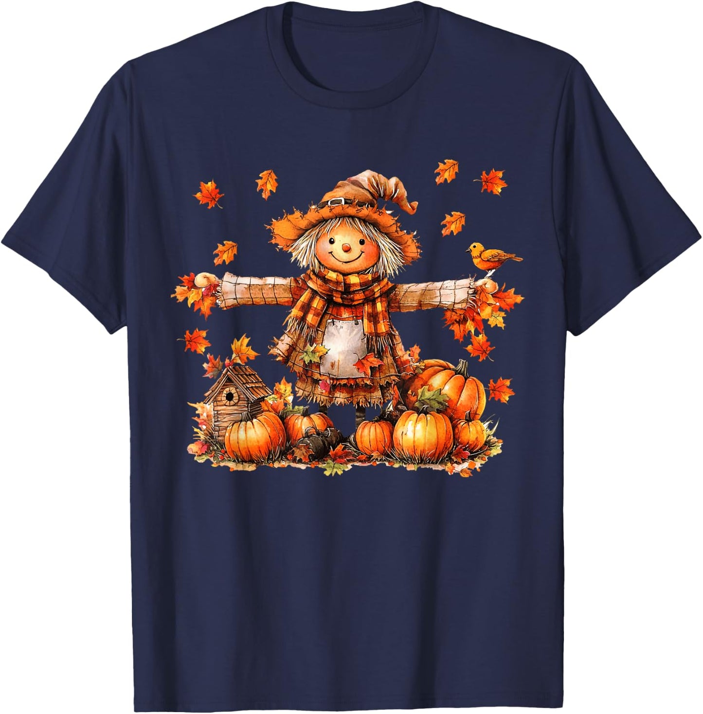 Cute Scarecrow Autumn Pumpkin Happy Thanksgiving Halloween T-Shirt - T-Shirt | Navy