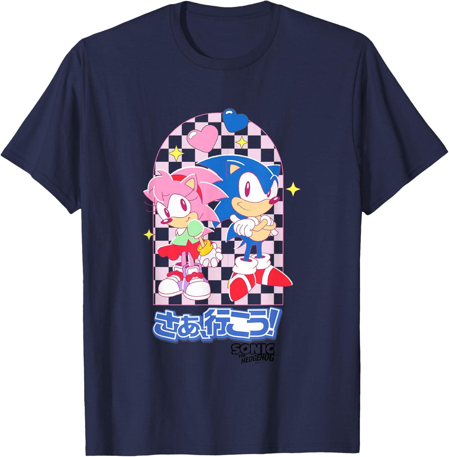Sonic The Hedgehog Amy Rose & Sonic Kawaii Kanji Portrait T-Shirt - T-Shirt | Navy