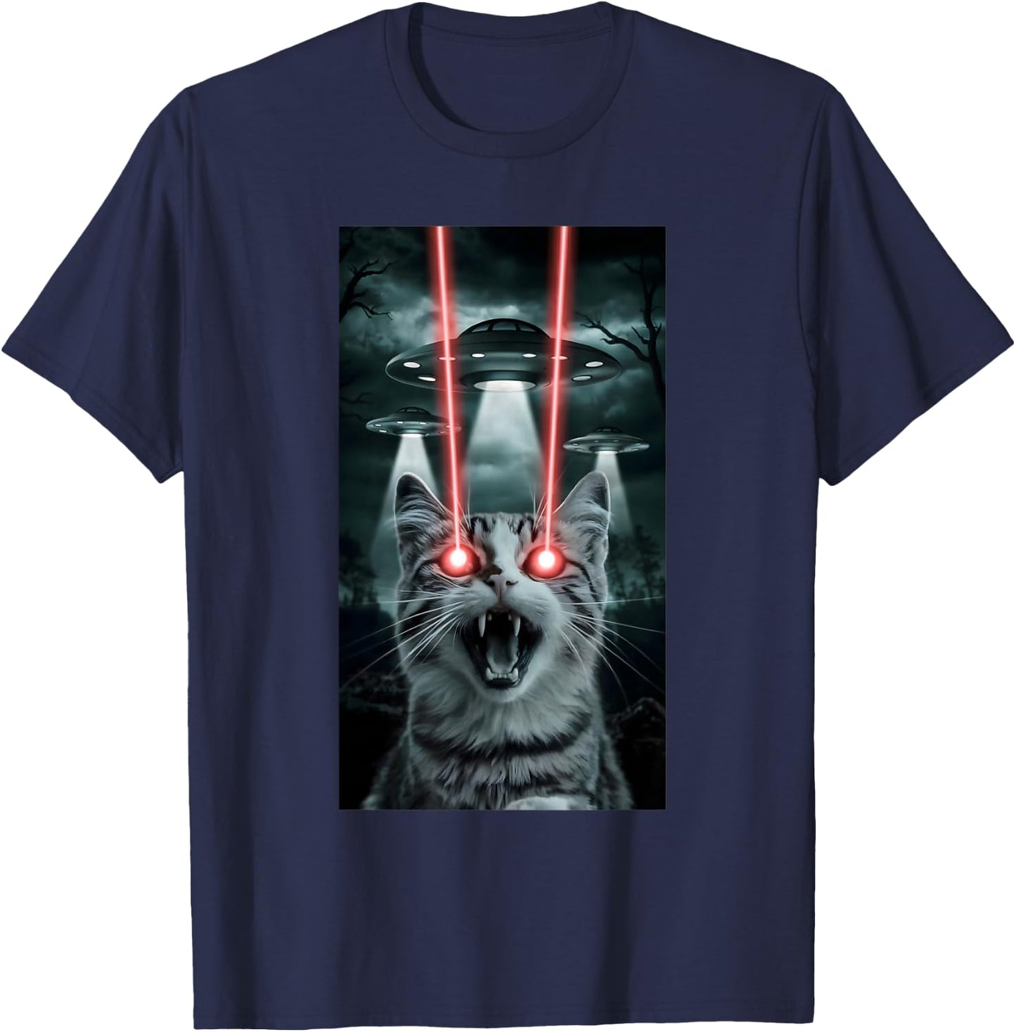 Alien Cat Selfie With Ufo Laser Eyes T-Shirt - T-Shirt | Navy