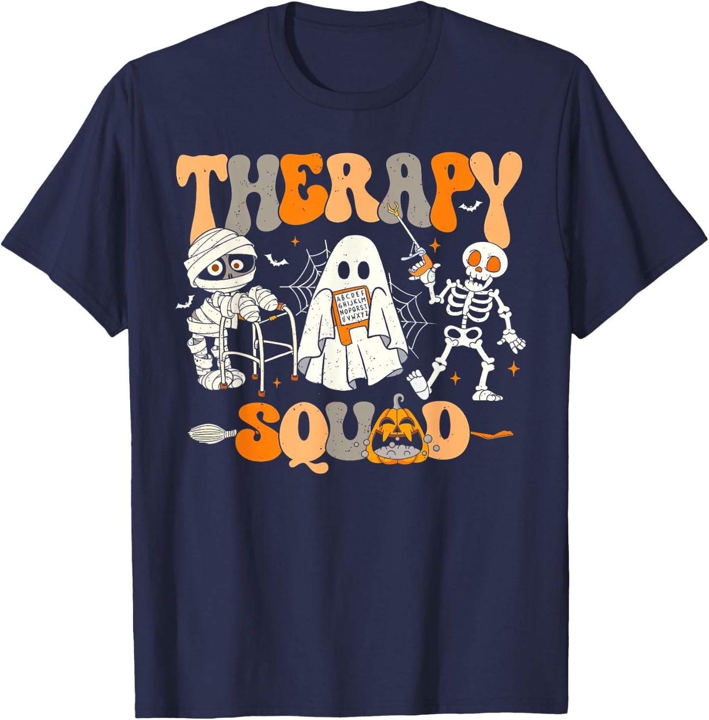 Therapy Squad Skeleton Ghost Mummy Halloween Spooky Season T-Shirt - T-Shirt | Navy