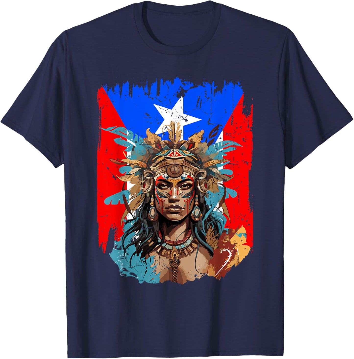 Boricua Taino Woman Puerto Rico Flag Hispanic Heritage Month T-Shirt - T-Shirt | Navy