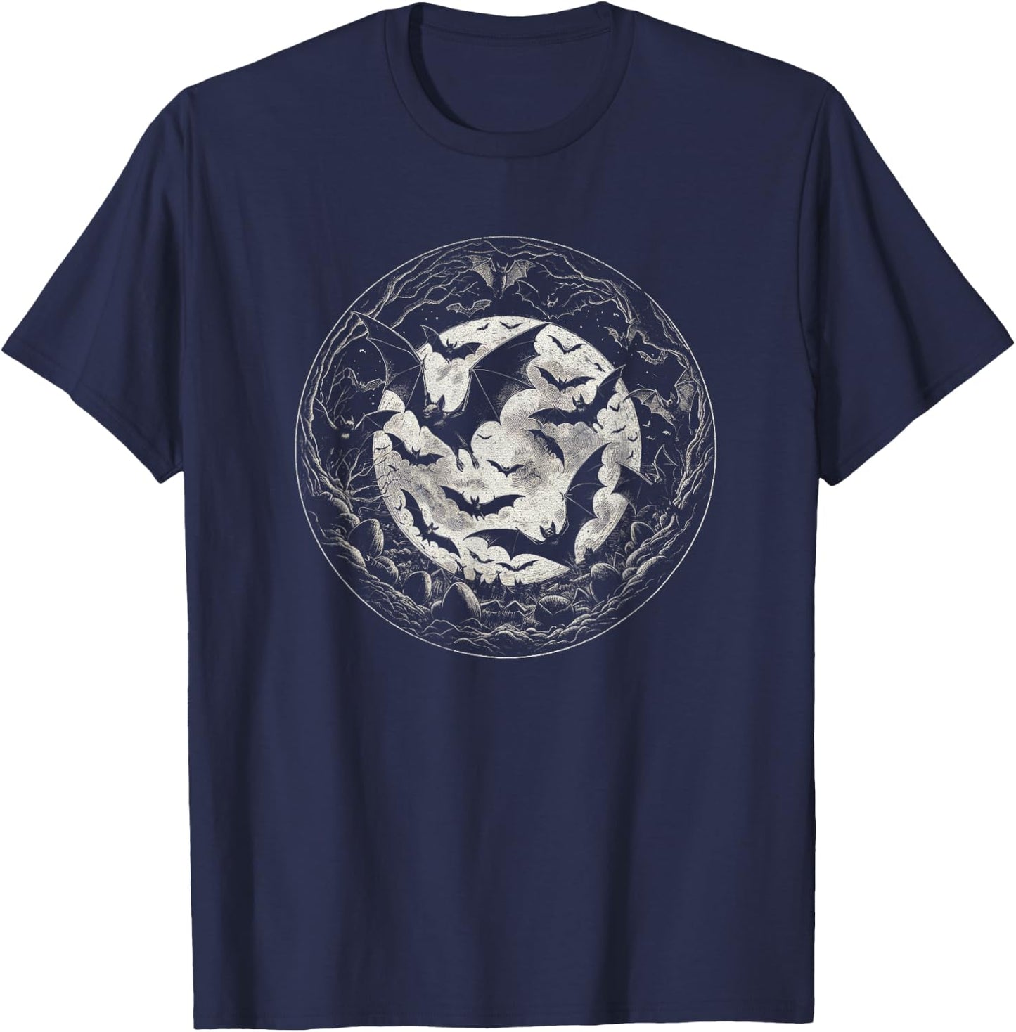 Bats With Moon Graphic Gothic Art Design And Men T-Shirt - T-Shirt | Navy