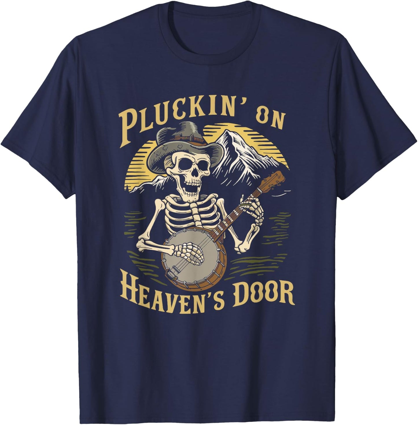 Bluegrass Music, Banjo Skeleton Pluckin on Heavens Door T-Shirt - T-Shirt | Navy