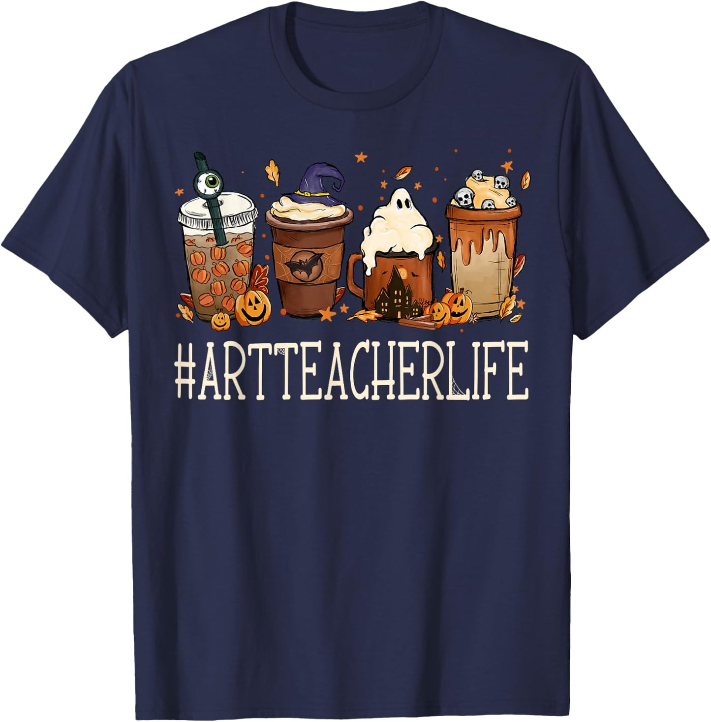 Art Teacher Horror Coffee Spooky Halloween Pumpkin Autumn T-Shirt - T-Shirt | Navy