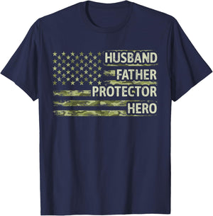 Husband Father Protector Hero Camo American Flag Fathers Day T-Shirt - T-Shirt | Navy
