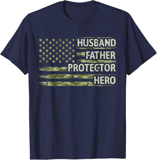 Husband Father Protector Hero Camo American Flag Fathers Day T-Shirt - T-Shirt | Navy