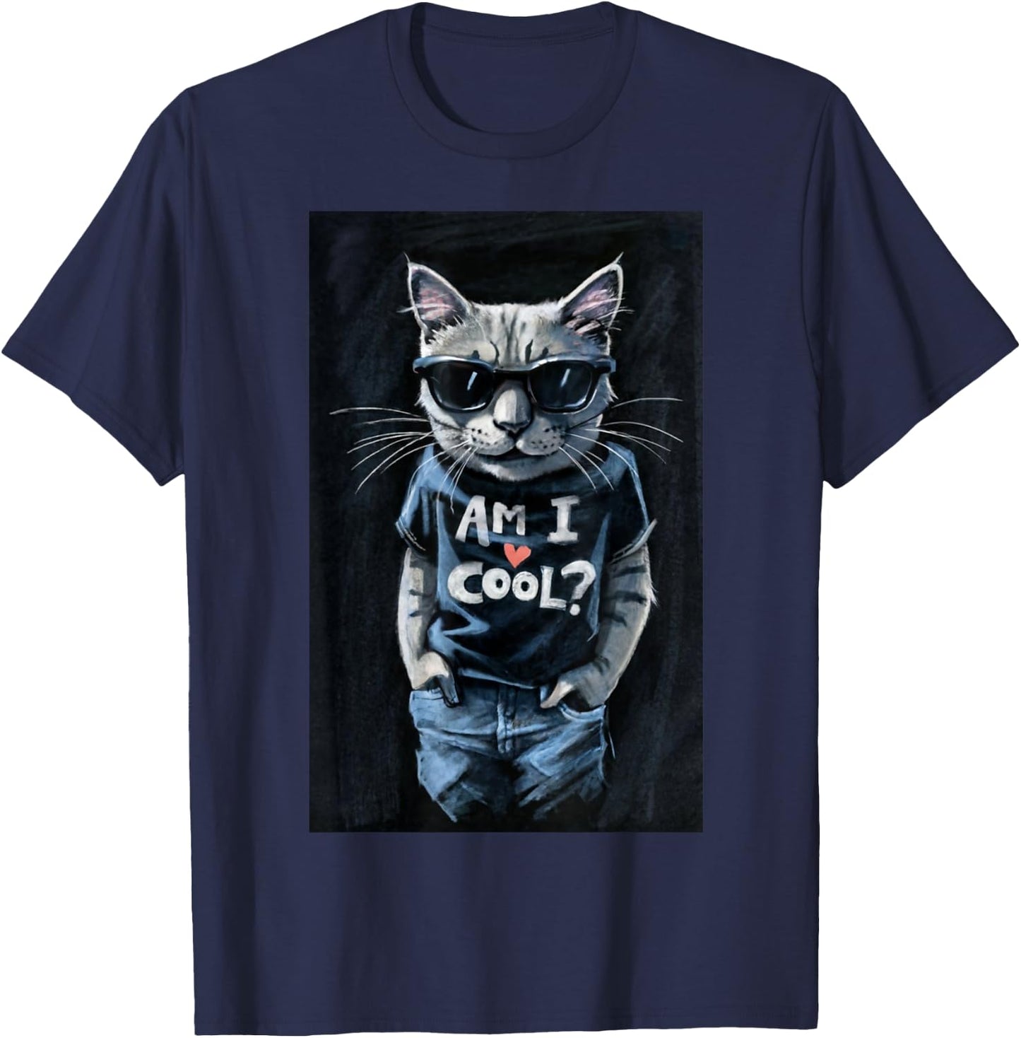 Funny Cat Wearing Sunglasses Modern Graphics Am I Cool T-Shirt - T-Shirt | Navy